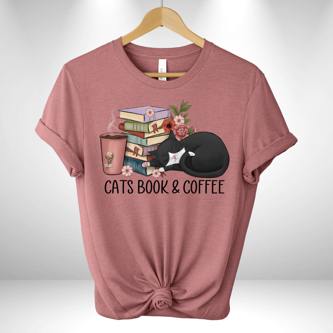 Cats Book & Coffee Tee